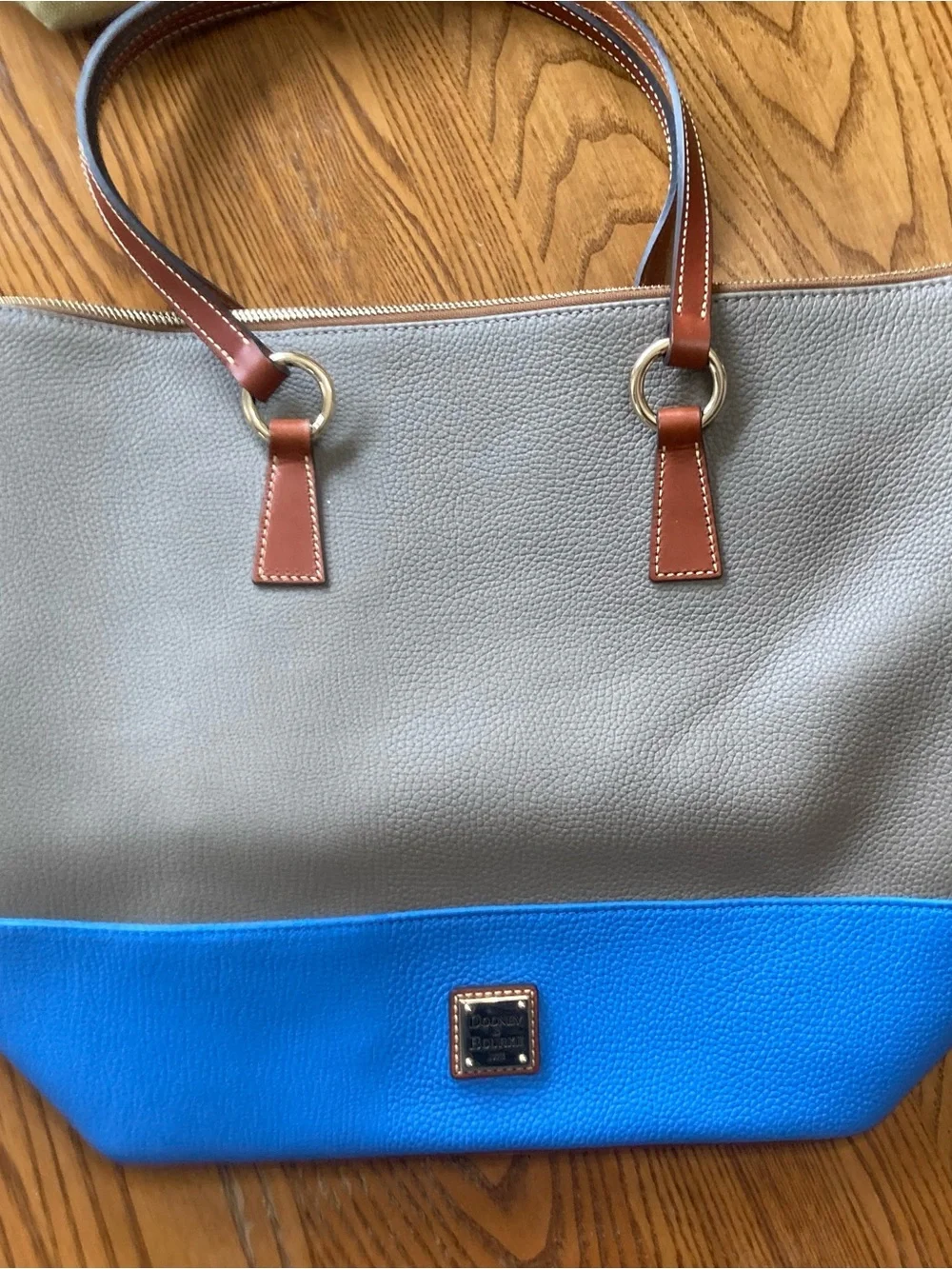 Dooney & Bourke Gray and Bright Blue Pebble Leather Tote with Brown Handles - Picture 3 of 10